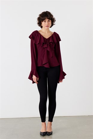Volanlı Bluz Bordo