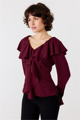 Volanlı Bluz Bordo