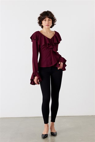 Volanlı Bluz Bordo