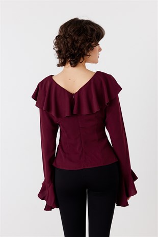 Volanlı Bluz Bordo