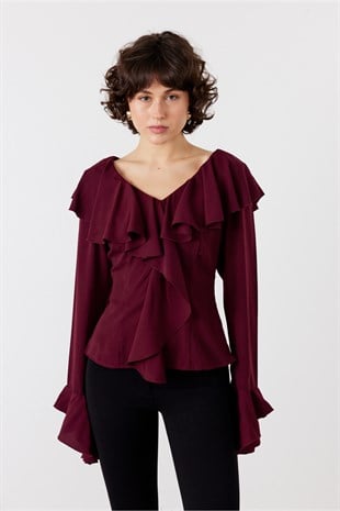 Volanlı Bluz Bordo
