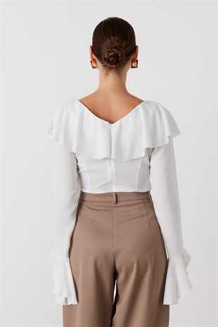 Volanlı Bluz Ekru