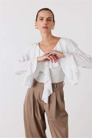 Volanlı Bluz Ekru