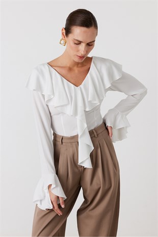 Volanlı Bluz Ekru