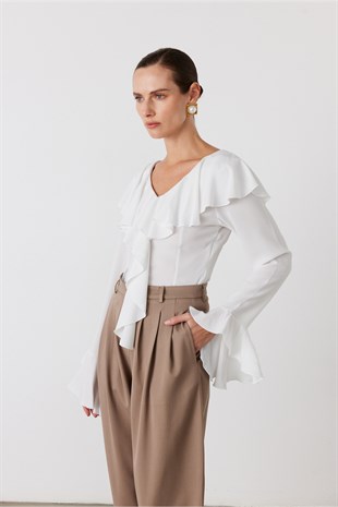 Volanlı Bluz Ekru