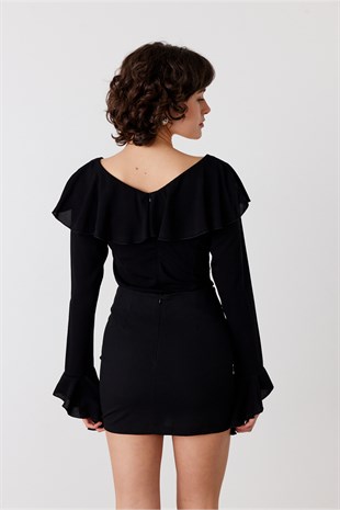 Volanlı Bluz Siyah