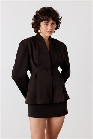 Yakasız Belden Oturtmalı Ceket Acı Kahve