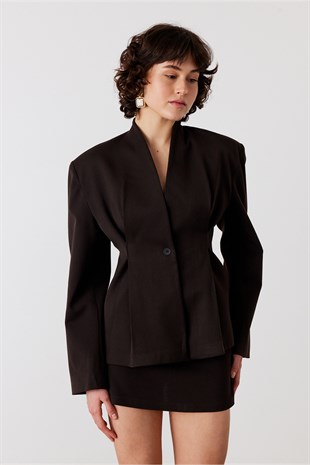 Yakasız Belden Oturtmalı Ceket Acı Kahve