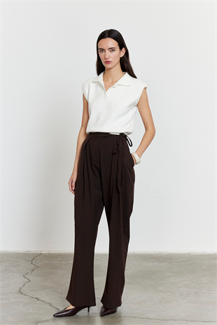Yandan Bağlamalı Palazzo Pantolon Acı Kahve