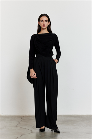 Yandan Bağlamalı Palazzo Pantolon Siyah