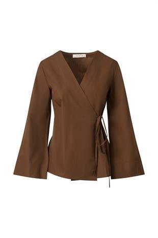 Yandan Bağlamalı Poplin Gömlek Acı Kahve