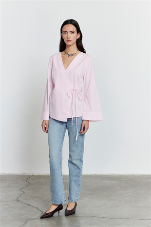 Yandan Bağlamalı Poplin Gömlek Açık Pembe