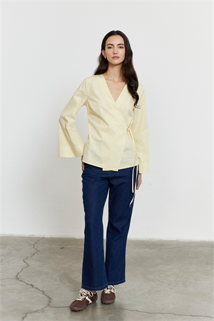 Yandan Bağlamalı Poplin Gömlek Sarı