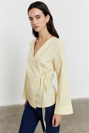 Yandan Bağlamalı Poplin Gömlek Sarı