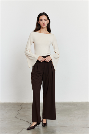 Yarasa Kol Kayık Yaka Bluz Bej