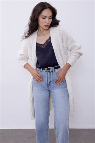 Light Beige Braided Oversize Long Knit Cardigan SWC4181AB
