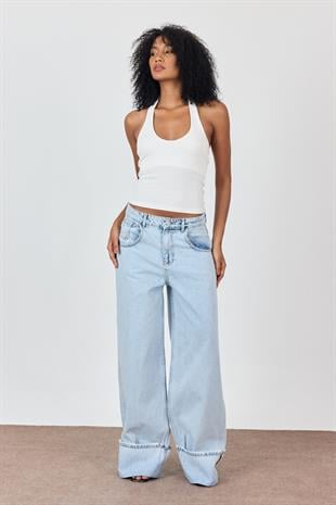 Açık Mavi Katlanmış Paça Detaylı Relaxed Jean