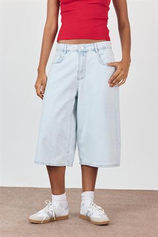 Açık Mavi Normal Bel Denim Şort Bermuda
