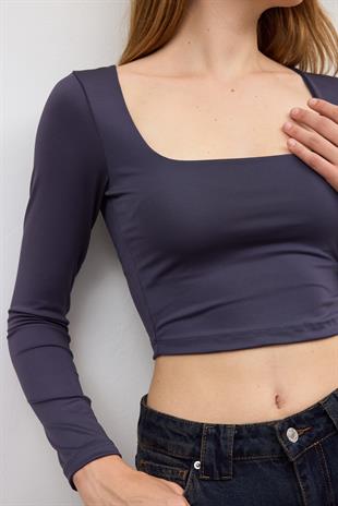 Antrasit BASİC KARE YAKA CROP BLUZ