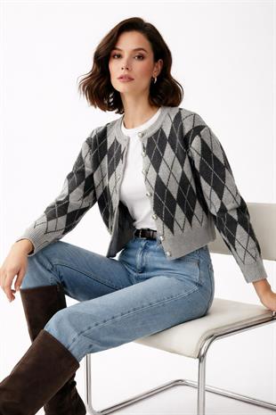 Antrasit Düğme Detaylı Triko Hırka