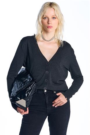 Antrasit Düğmeli Triko Hırka