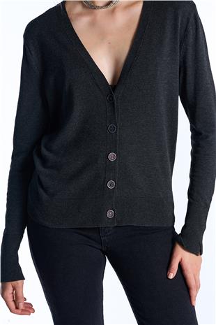 Antrasit Düğmeli Triko Hırka