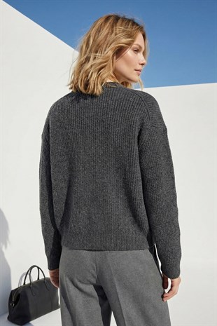 Antrasit Fermuarlı Triko Hırka