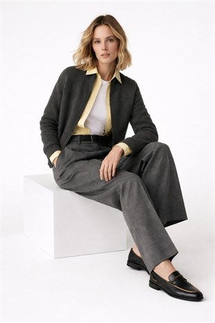 Antrasit Fermuarlı Triko Hırka