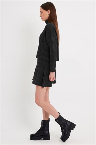 Antrasit Fitilli Etek Kazak Triko Takım