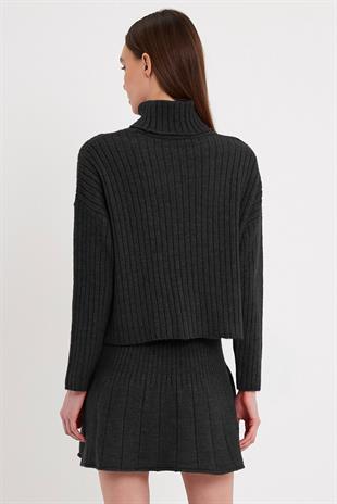 Antrasit Fitilli Etek Kazak Triko Takım