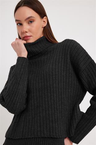 Antrasit Fitilli Etek Kazak Triko Takım