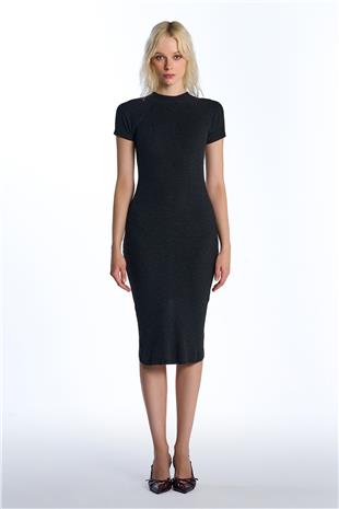 Antrasit Kısa Kollu Midi Triko Elbise