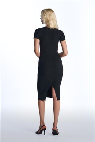 Antrasit Kısa Kollu Midi Triko Elbise