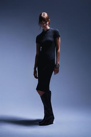 Antrasit Kısa Kollu Midi Triko Elbise