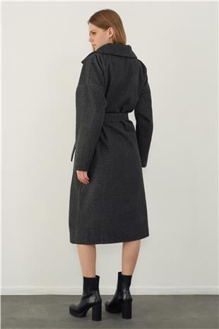 Anthracite Herringbone Patterned Belted Coat