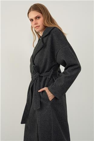 Anthracite Herringbone Patterned Belted Coat