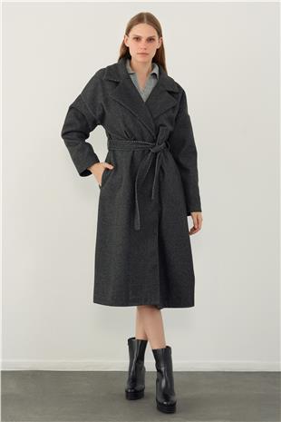 Anthracite Herringbone Patterned Belted Coat