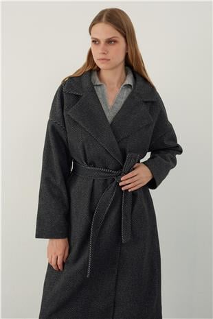 Anthracite Herringbone Patterned Belted Coat