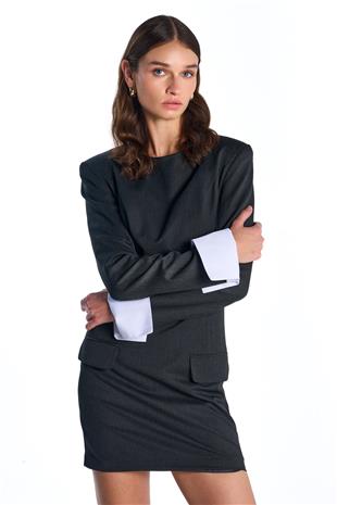 Antrasit Manşet Detaylı Mini Elbise