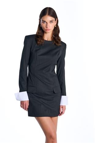 Antrasit Manşet Detaylı Mini Elbise