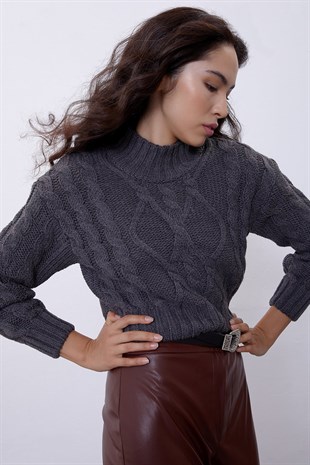 Anthracite Knit Pattern Crop Sweater SWK4306ANT