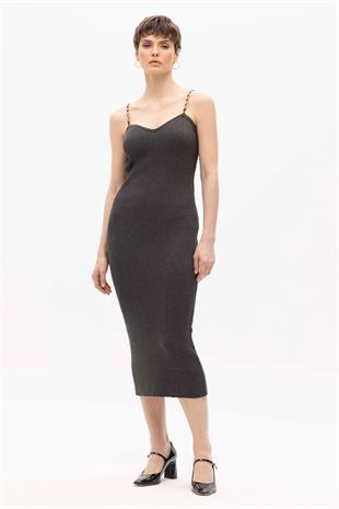 Anthracite Cotton Chain Strap Midi Knitwear Dress