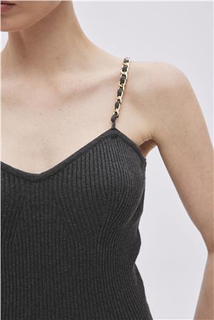 Anthracite Cotton Chain Strap Midi Knitwear Dress