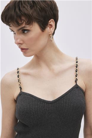 Anthracite Cotton Chain Strap Midi Knitwear Dress