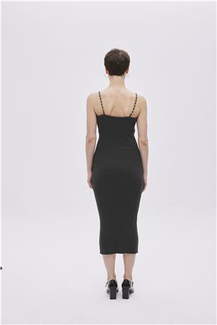 Anthracite Cotton Chain Strap Midi Knitwear Dress