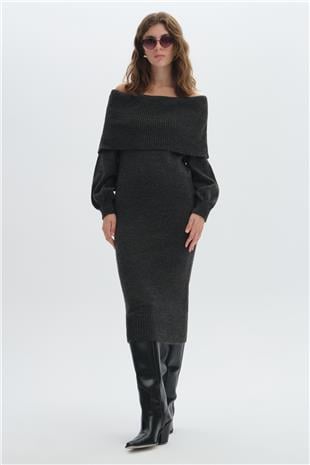 Antrasit Şal Yaka Uzun Triko Elbise