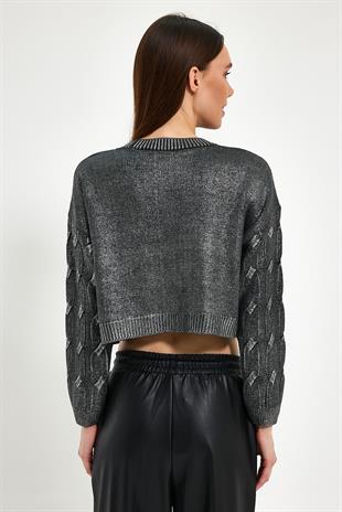 Anthracite Silvery Printed Short Knitwear Sweater