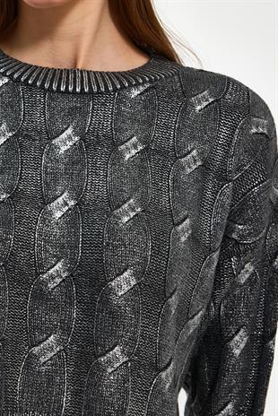 Anthracite Silvery Printed Short Knitwear Sweater