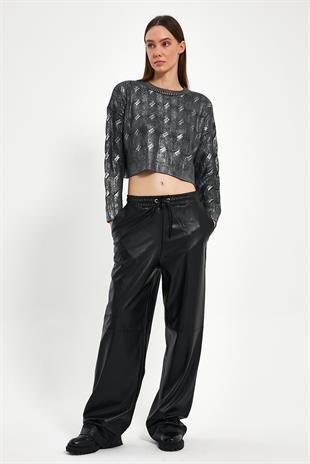 Anthracite Silvery Printed Short Knitwear Sweater