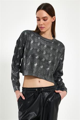 Anthracite Silvery Printed Short Knitwear Sweater